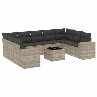 10-delige Loungeset met kussens poly rattan lichtgrijs