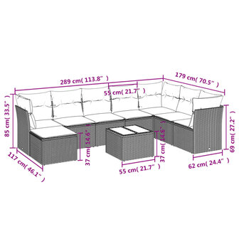 9-delige Loungeset met kussens poly rattan lichtgrijs