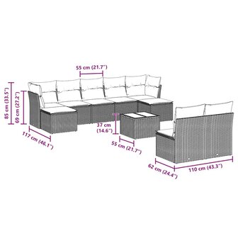 10-delige Loungeset met kussens poly rattan lichtgrijs
