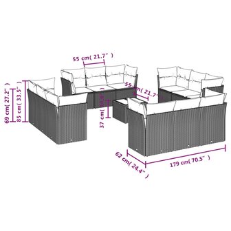 13-delige Loungeset met kussens poly rattan lichtgrijs
