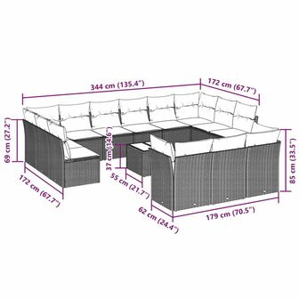 14-delige Loungeset met kussens poly rattan lichtgrijs