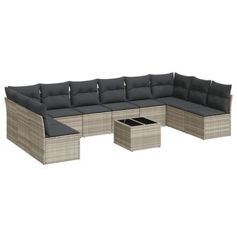 11-delige Loungeset met kussens poly rattan lichtgrijs