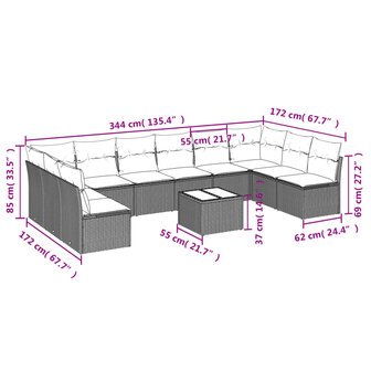 11-delige Loungeset met kussens poly rattan lichtgrijs