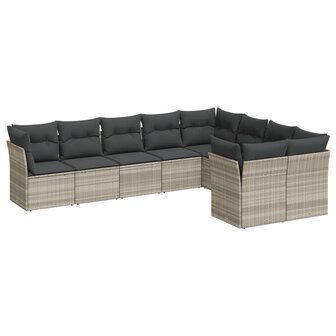 9-delige Loungeset met kussens poly rattan lichtgrijs