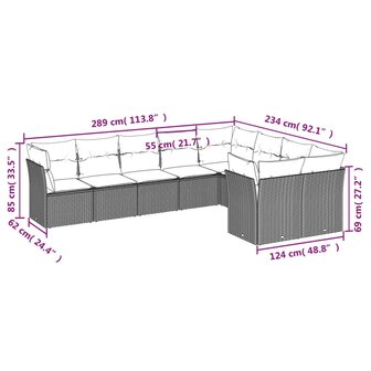 9-delige Loungeset met kussens poly rattan lichtgrijs