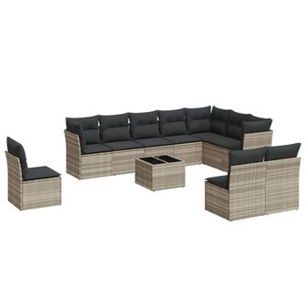 11-delige Loungeset met kussens poly rattan lichtgrijs