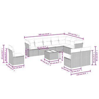 11-delige Loungeset met kussens poly rattan lichtgrijs