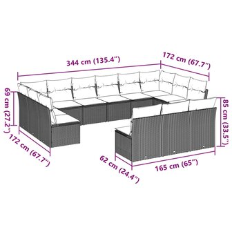 13-delige Loungeset met kussens poly rattan lichtgrijs
