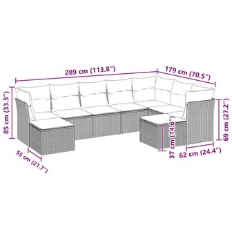 9-delige Loungeset met kussens poly rattan lichtgrijs