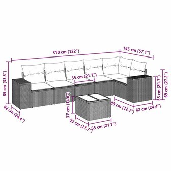 7-delige Loungeset met kussens poly rattan lichtgrijs