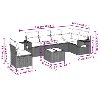 7-delige Loungeset met kussens poly rattan lichtgrijs