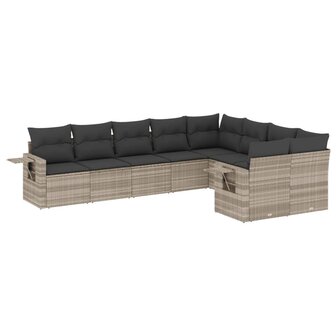 9-delige Loungeset met kussens poly rattan lichtgrijs