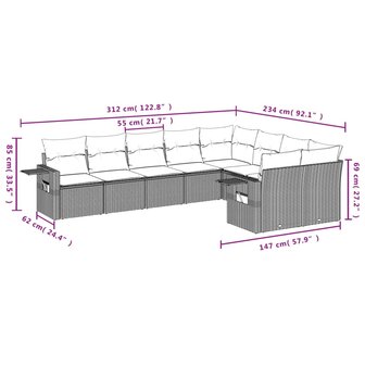 9-delige Loungeset met kussens poly rattan lichtgrijs
