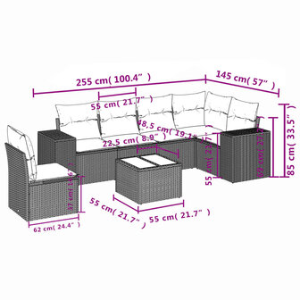 7-delige Loungeset met kussens poly rattan lichtgrijs