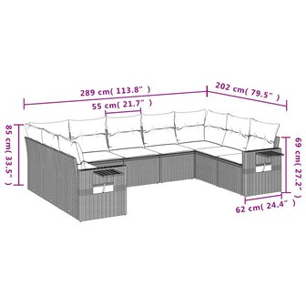 9-delige Loungeset met kussens poly rattan lichtgrijs