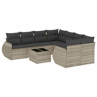 9-delige Loungeset met kussens poly rattan lichtgrijs