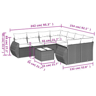 9-delige Loungeset met kussens poly rattan lichtgrijs