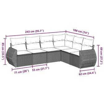 6-delige Loungeset met kussens poly rattan lichtgrijs