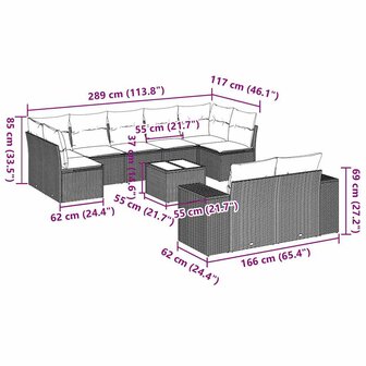 10-delige Loungeset met kussens poly rattan lichtgrijs