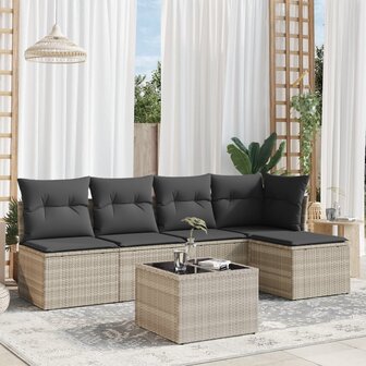 6-delige Loungeset met kussens poly rattan lichtgrijs