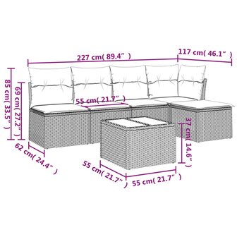 6-delige Loungeset met kussens poly rattan lichtgrijs