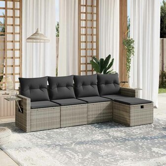 5-delige Loungeset met kussens poly rattan lichtgrijs