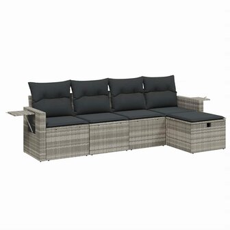 5-delige Loungeset met kussens poly rattan lichtgrijs