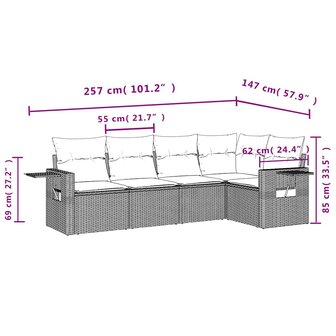 5-delige Loungeset met kussens poly rattan lichtgrijs