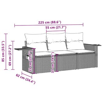 3-delige Loungeset met kussens poly rattan lichtgrijs