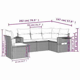 5-delige Loungeset met kussens poly rattan lichtgrijs