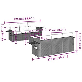 7-delige Loungeset met kussens poly rattan lichtgrijs
