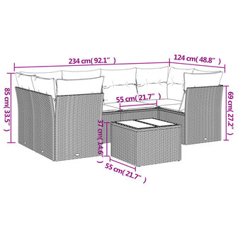 7-delige Loungeset met kussens poly rattan lichtgrijs
