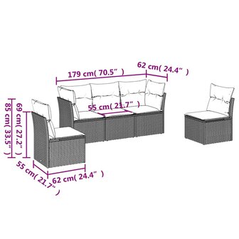 5-delige Loungeset met kussens poly rattan lichtgrijs