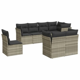 8-delige Loungeset met kussens poly rattan lichtgrijs