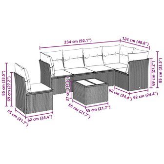 7-delige Loungeset met kussens poly rattan lichtgrijs