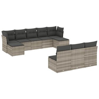 10-delige Loungeset met kussens poly rattan lichtgrijs