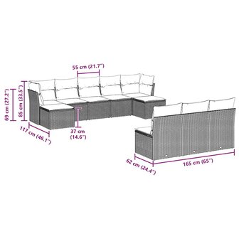 10-delige Loungeset met kussens poly rattan lichtgrijs