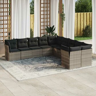 10-delige Loungeset met kussens poly rattan lichtgrijs