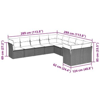 10-delige Loungeset met kussens poly rattan lichtgrijs