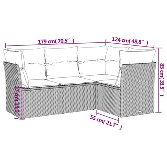 4-delige Loungeset met kussens poly rattan lichtgrijs