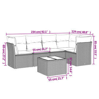 6-delige Loungeset met kussens poly rattan lichtgrijs