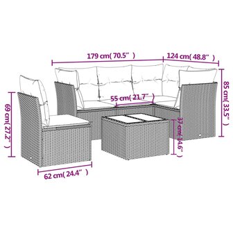 6-delige Loungeset met kussens poly rattan lichtgrijs