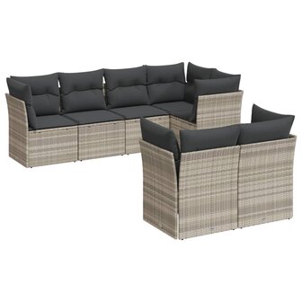 7-delige Loungeset met kussens poly rattan lichtgrijs