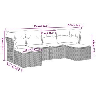 6-delige Loungeset met kussens poly rattan lichtgrijs