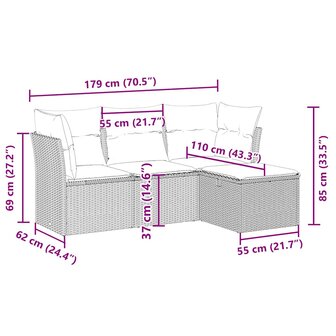 4-delige Loungeset met kussens poly rattan lichtgrijs