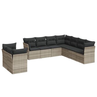 9-delige Loungeset met kussens poly rattan lichtgrijs