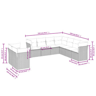 9-delige Loungeset met kussens poly rattan lichtgrijs