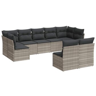 9-delige Loungeset met kussens poly rattan lichtgrijs