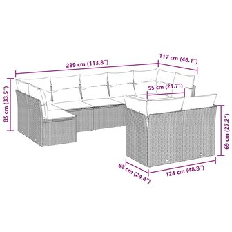 9-delige Loungeset met kussens poly rattan lichtgrijs