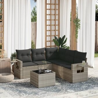 6-delige Loungeset met kussens poly rattan lichtgrijs
